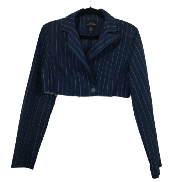 UO Cropped Pinstripe Blazer Jacket in Denim Blue